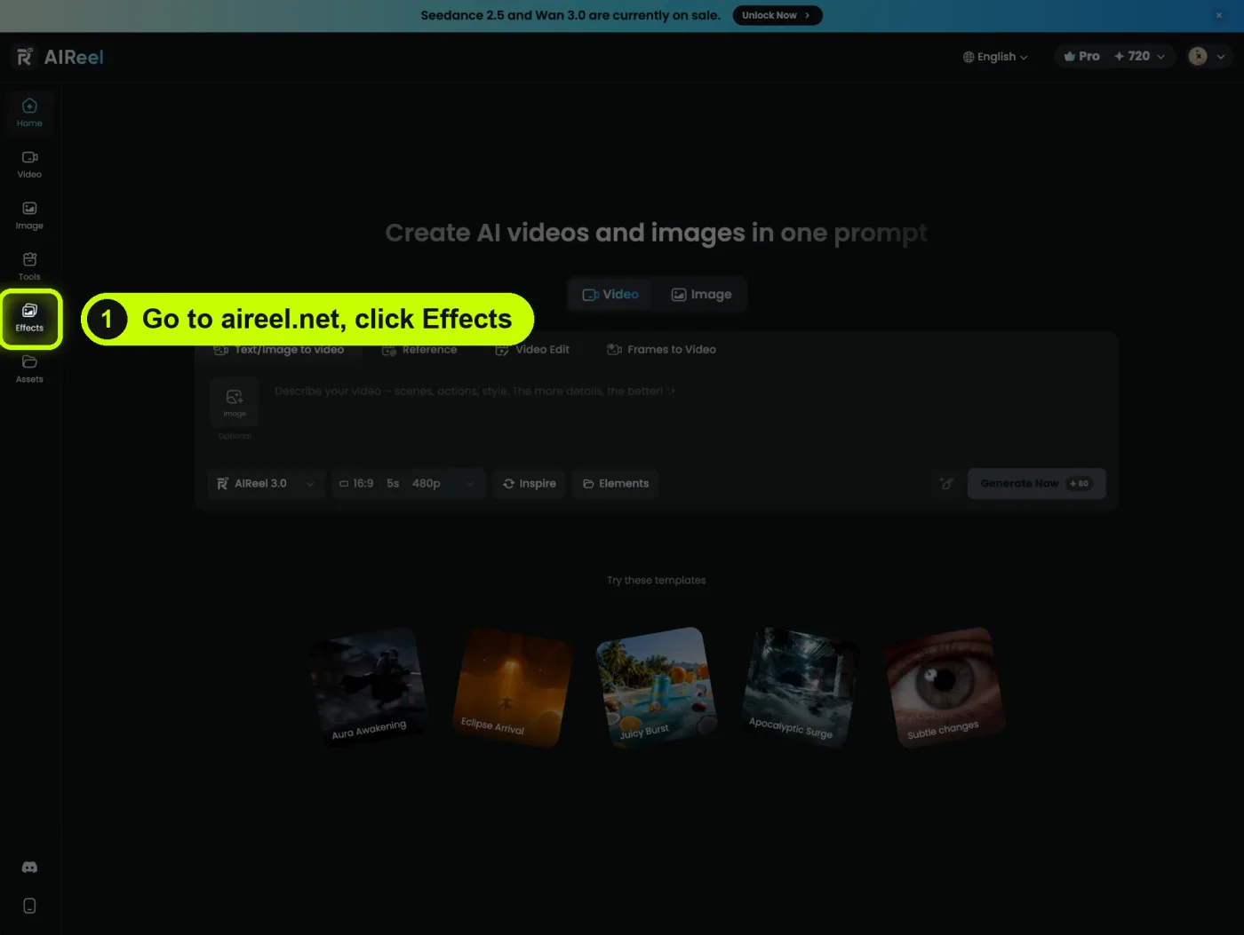 The AIReel home page. The Effects button in the left menu is highlighted.