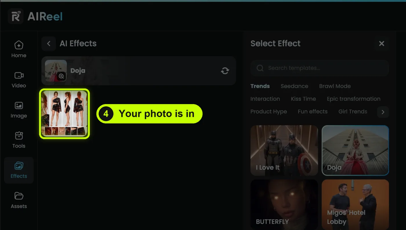The uploaded photo shows under the Doja effect. It is highlighted.