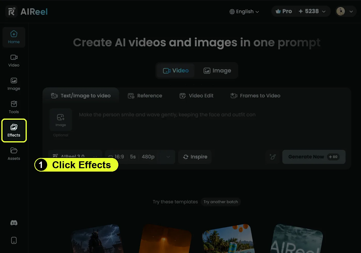 The AIReel home page. Effects in the left menu is highlighted.