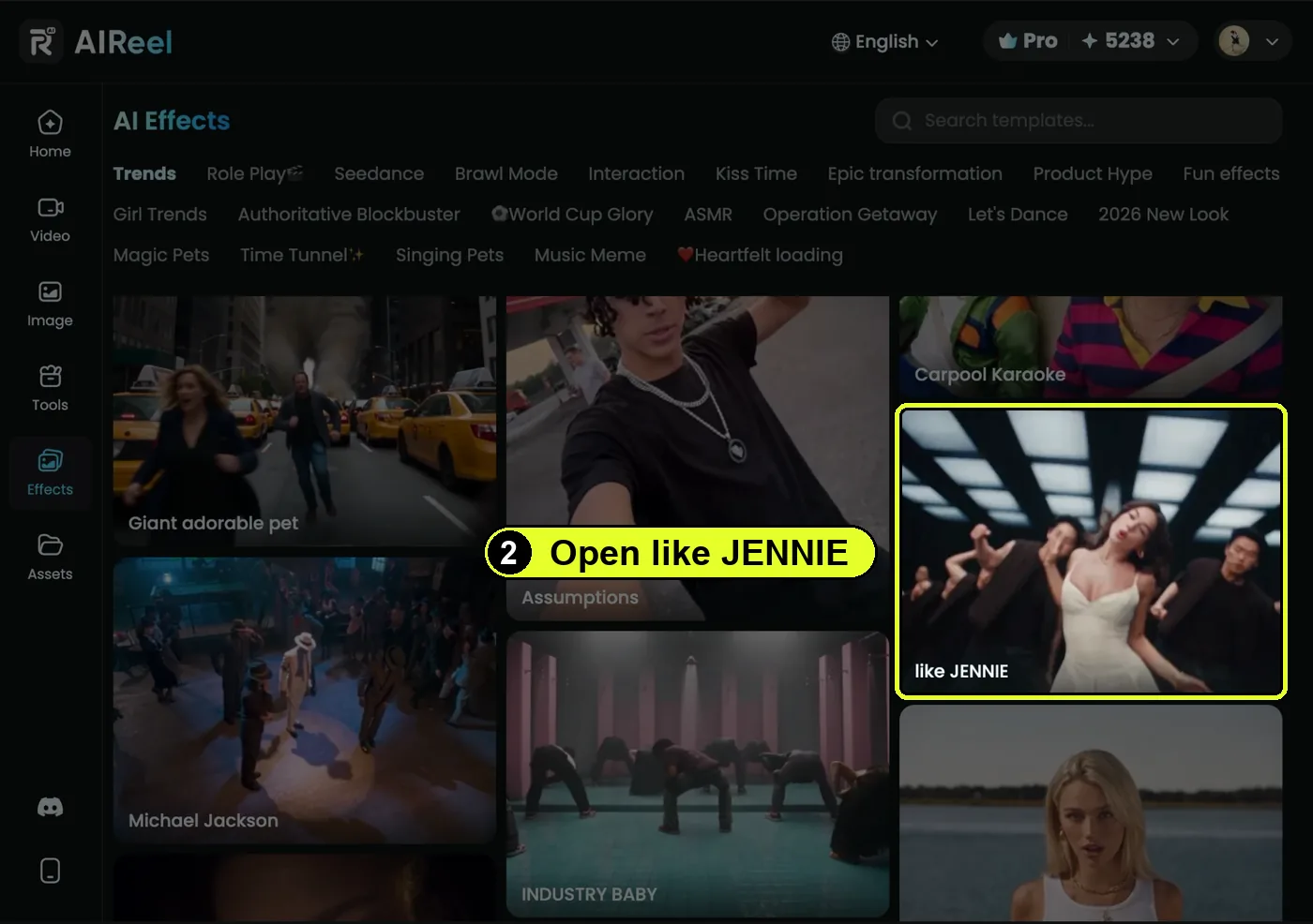 The AI Effects page, Trends tab. The like JENNIE card is highlighted.