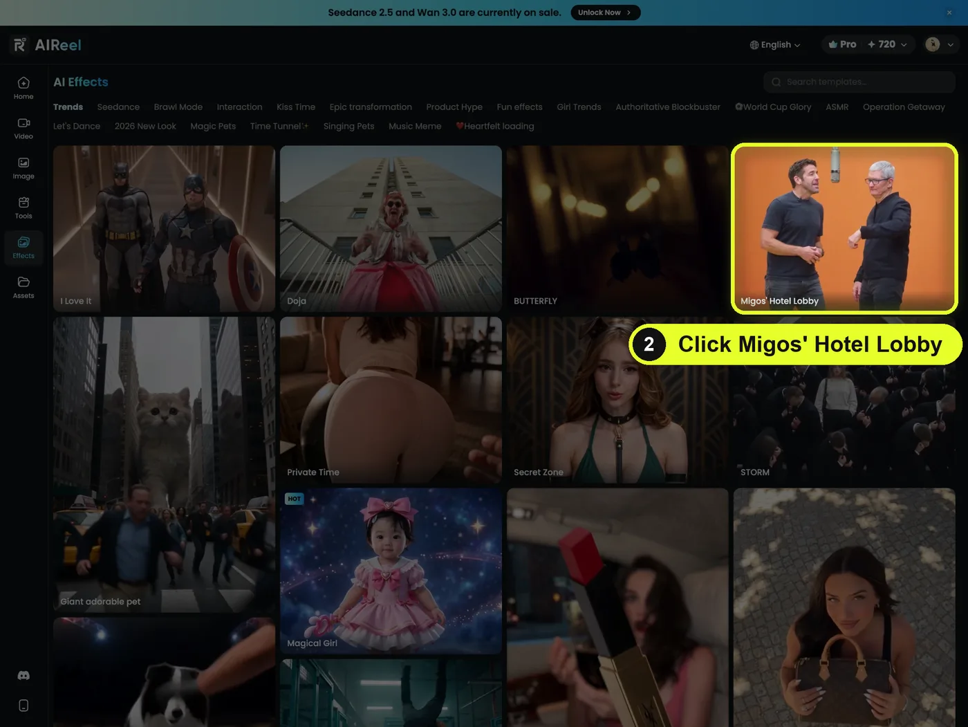 The AI Effects page. The Migos' Hotel Lobby effect card is highlighted.