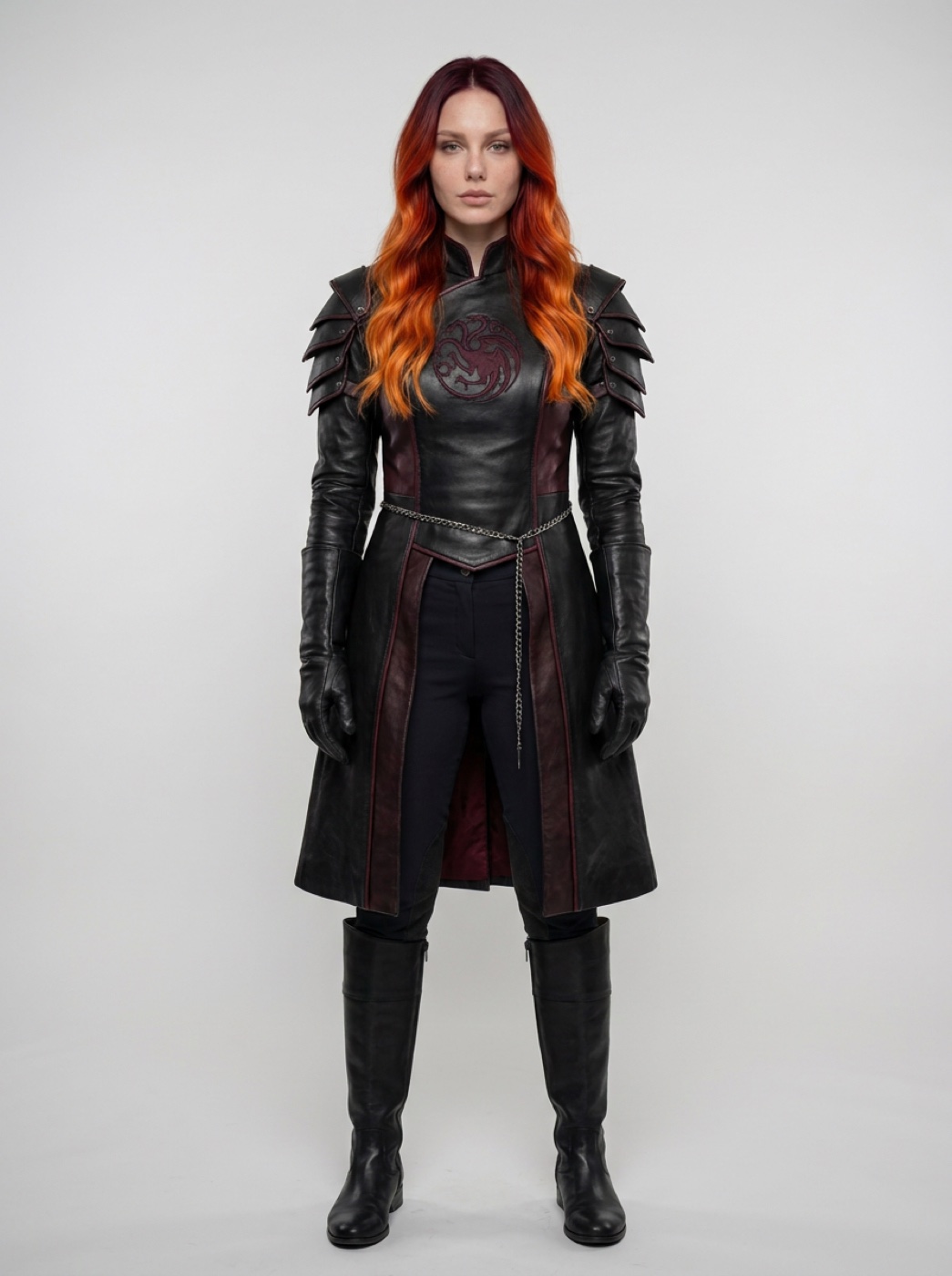 A woman with long copper-orange wavy hair stands in a light grey studio. She wears a black leather riding coat with dark red trim, a red three-headed dragon emblem on the chest, layered leather shoulder plates, long black gloves, a silver chain belt and tall black boots.
