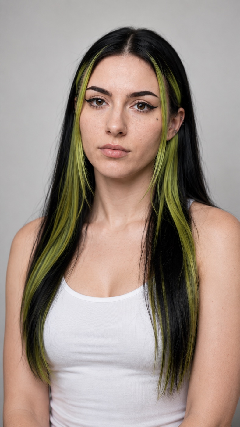 A portrait of a young woman with long straight black hair with bright green streaks, dark eyes and winged eyeliner. She wears a white tank top and stands against a plain grey wall.