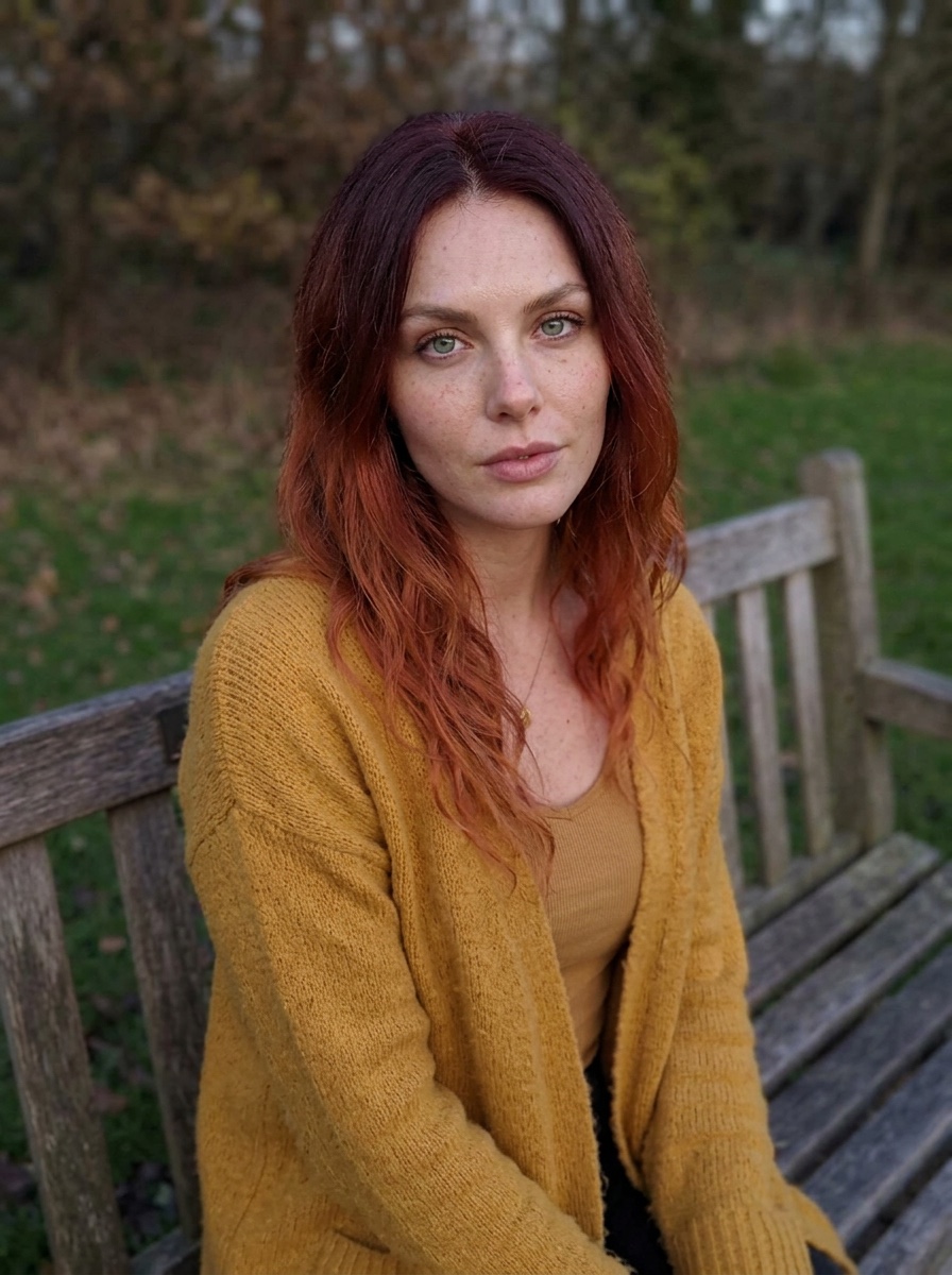 The same park bench photo restored to sharp detail with visible hair and knit texture