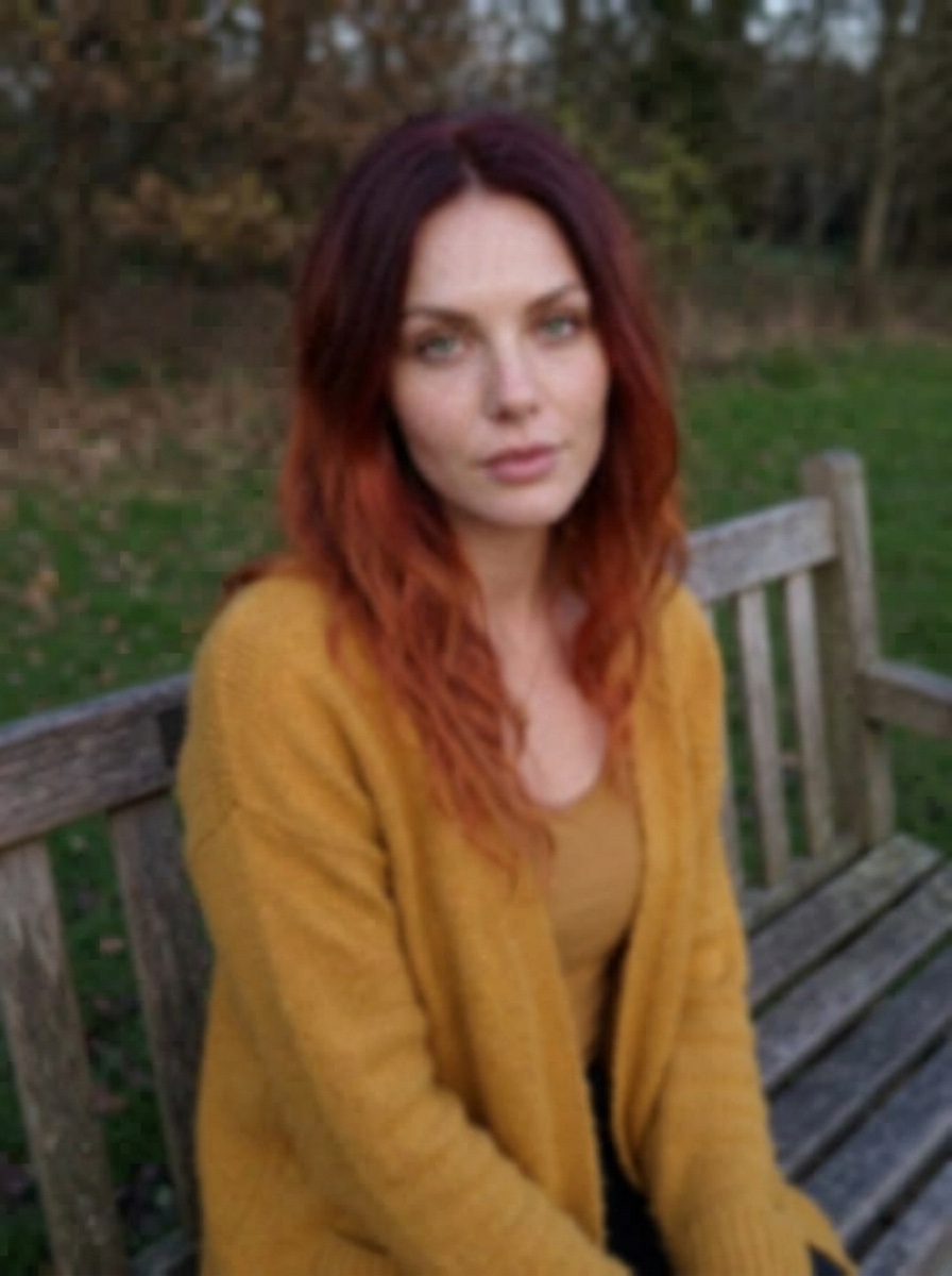 Blurry, low-quality phone photo of a woman in a mustard cardigan on a park bench