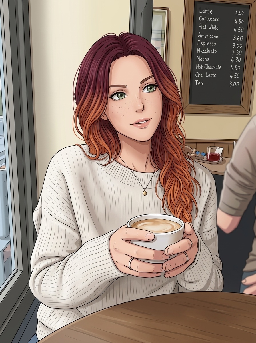The café photo redrawn as an anime scene with the same pose and layout