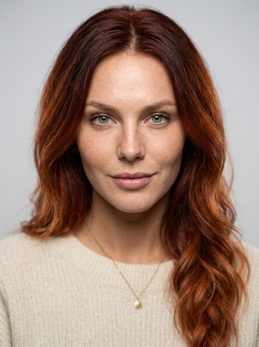 Professional studio headshot of the same woman on a light grey background