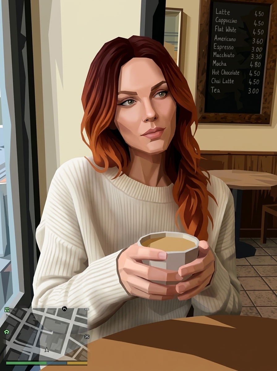 The café scene rebuilt as a GTA V style game screenshot with a minimap in the corner