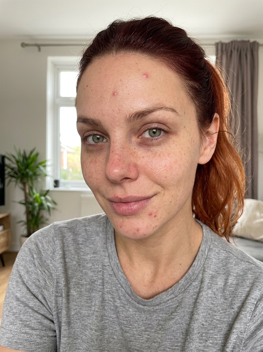 Close-up selfie of a woman with red spots on her chin and forehead