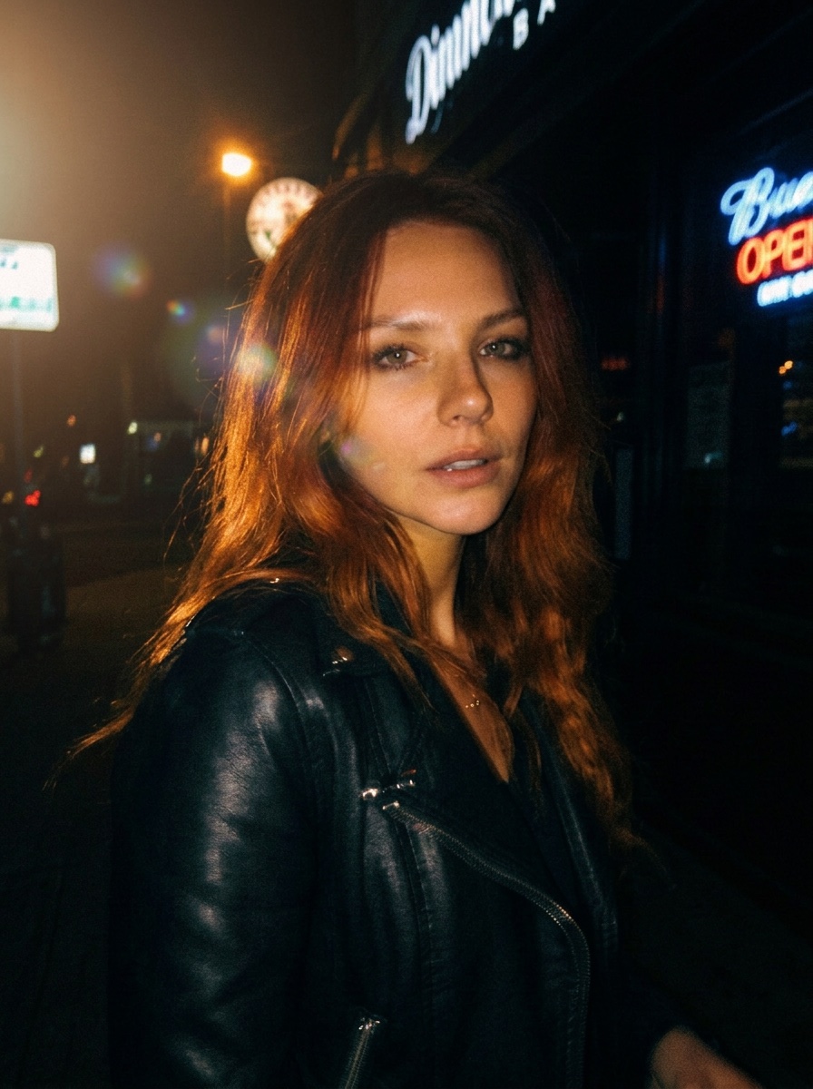 The same night photo made sharp with warm light on her face and hair