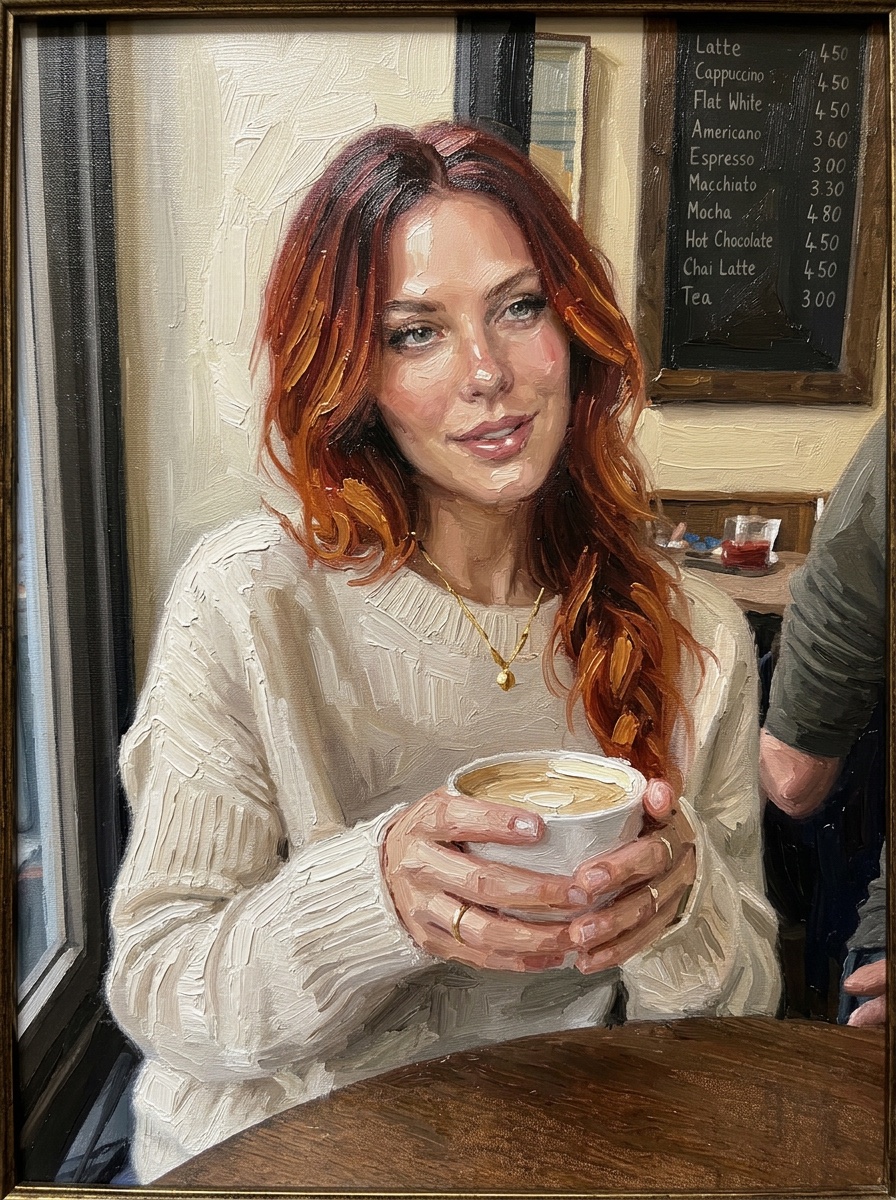 The café photo repainted as an oil painting with thick visible brushstrokes
