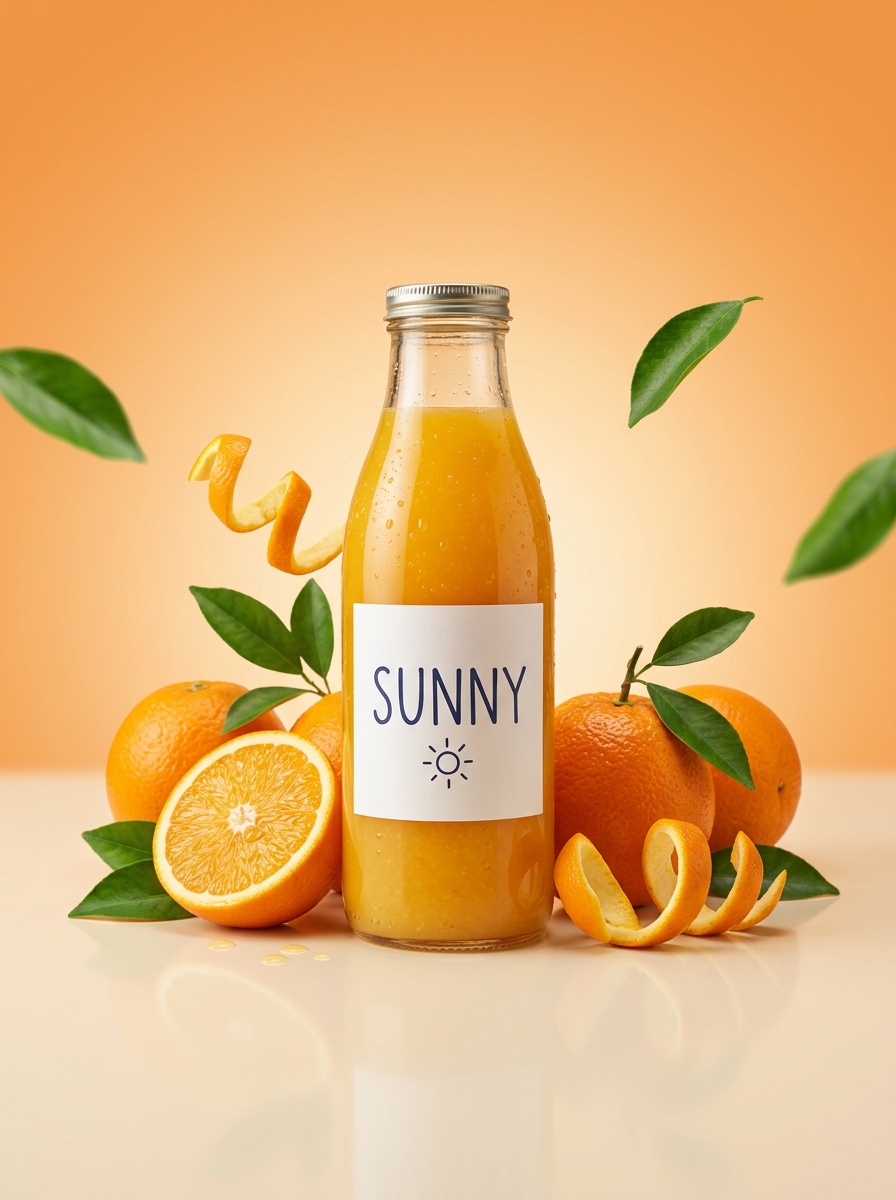 The same juice bottle in a studio ad shot with oranges, peel and flying leaves