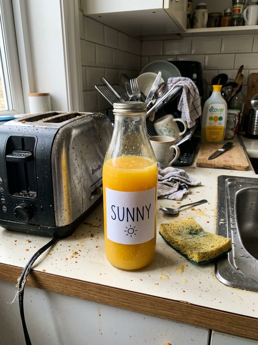 Orange juice bottle on a messy kitchen counter next to a toaster and a sponge
