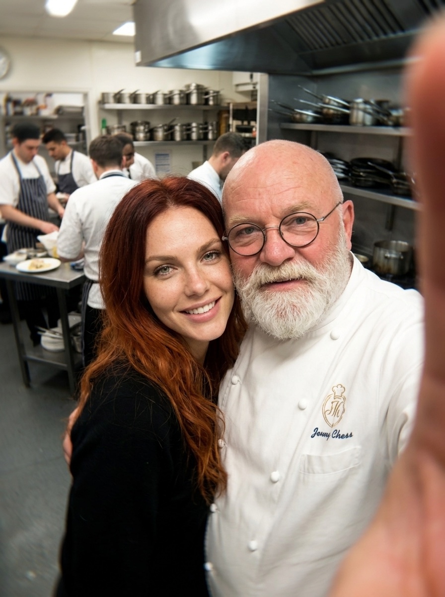 Phone selfie of the same woman with a bearded chef in a restaurant kitchen