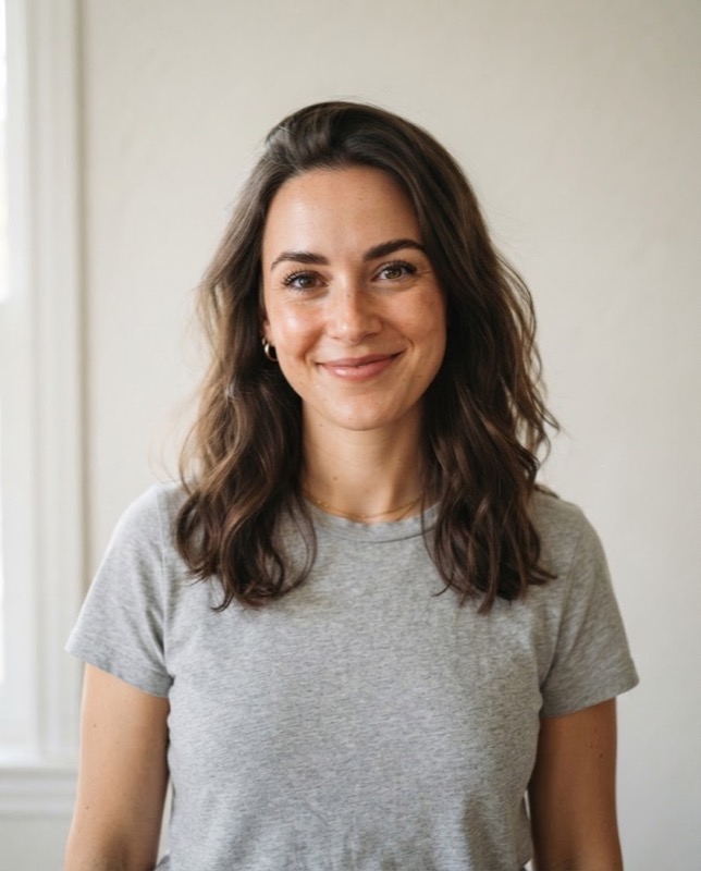 The base photo used for every example: a woman with shoulder-length brown hair in a gray t-shirt