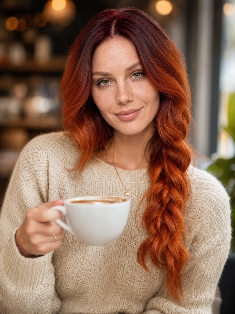 Red-haired woman holding a coffee in a café, generated with a typical "AI" prompt