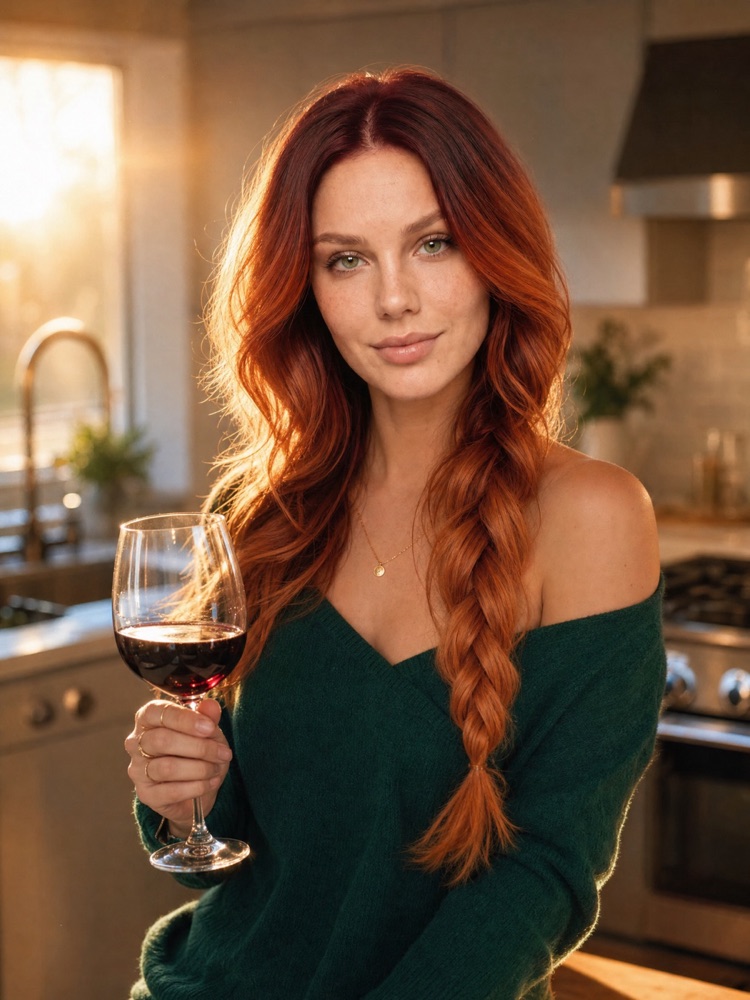 Woman with a glass of wine in a kitchen, generated with a typical "AI" prompt