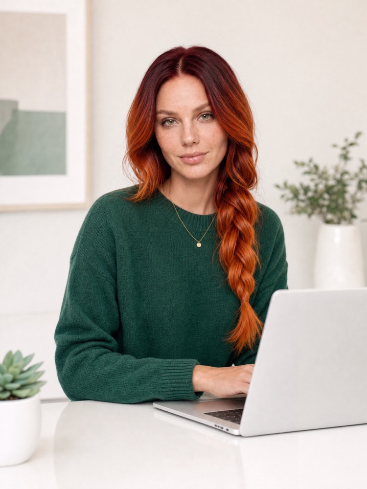 Woman working on a laptop at a desk, generated with a typical "AI" prompt