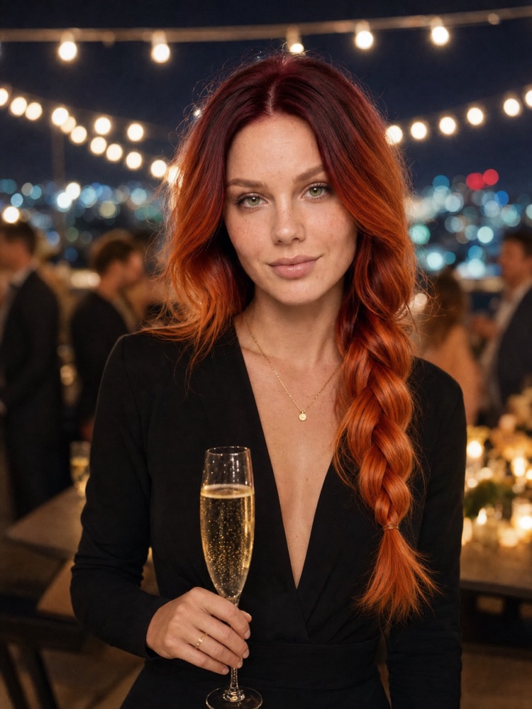 Woman at a rooftop party at night, generated with a typical "AI" prompt