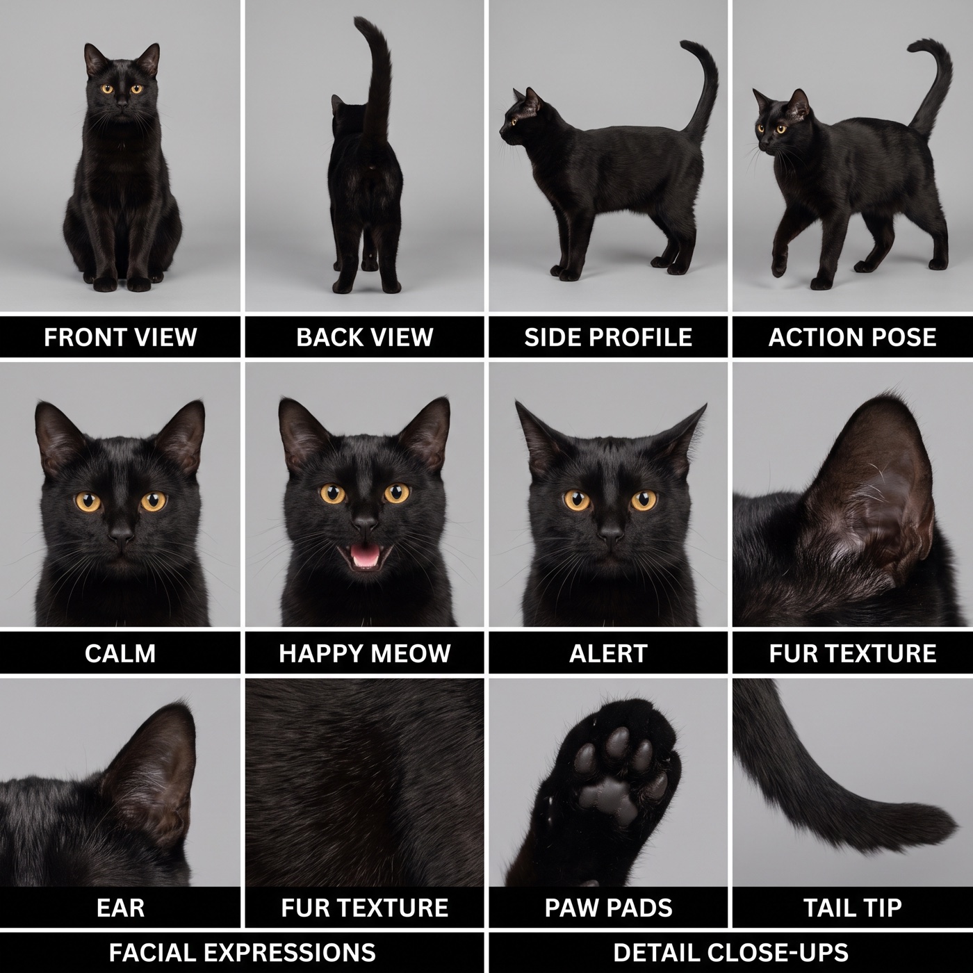 A character sheet of one black short-haired cat with amber eyes on a grey backdrop: front, back, side and walking views, three face close-ups, and close-ups of the ear, fur, paw pads and tail.