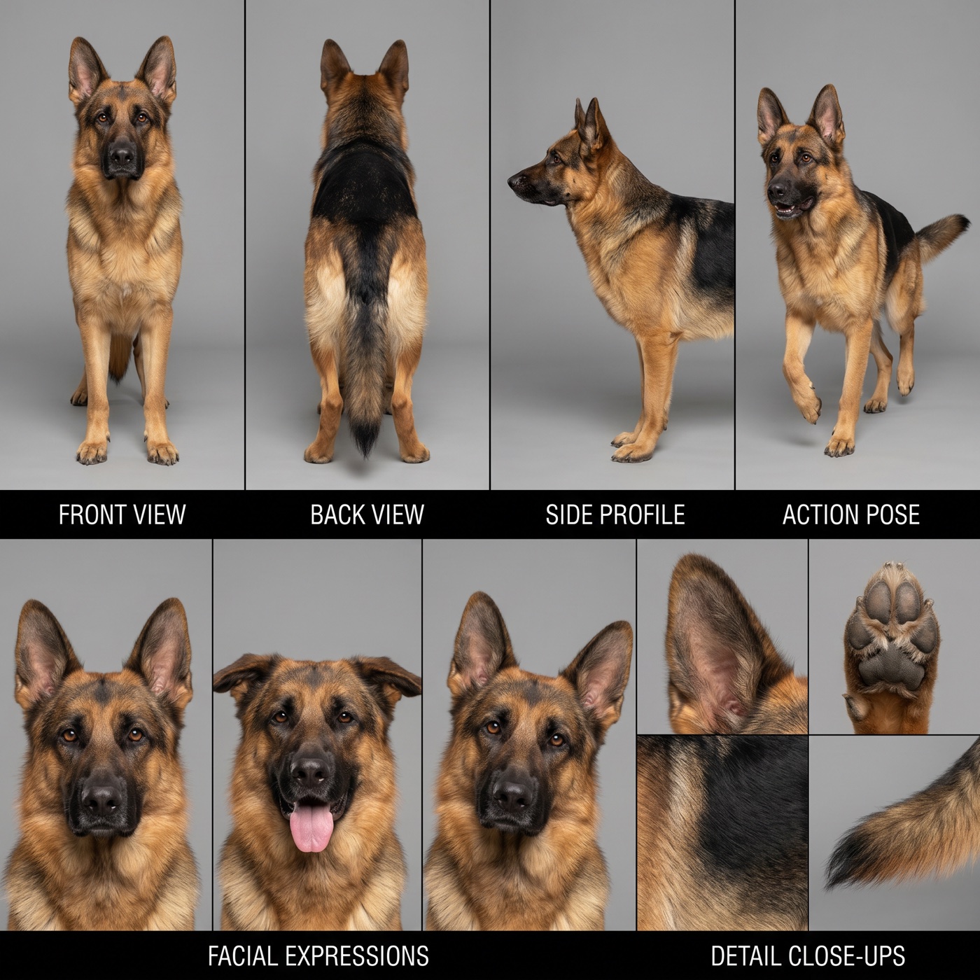 A character sheet of one German Shepherd with a tan and black coat on a grey backdrop: front, back, side and walking views, three face close-ups, and close-ups of the ear, fur, paw and tail.