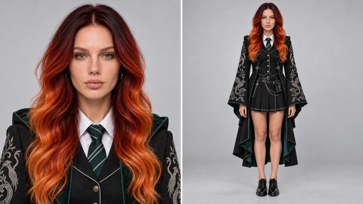 A character sheet of a woman with long red to copper ombre hair and green eyes. On the left, a portrait. On the right, the full body in a black academy robe with silver embroidered sleeves, a green striped tie, a pleated skirt and black shoes.