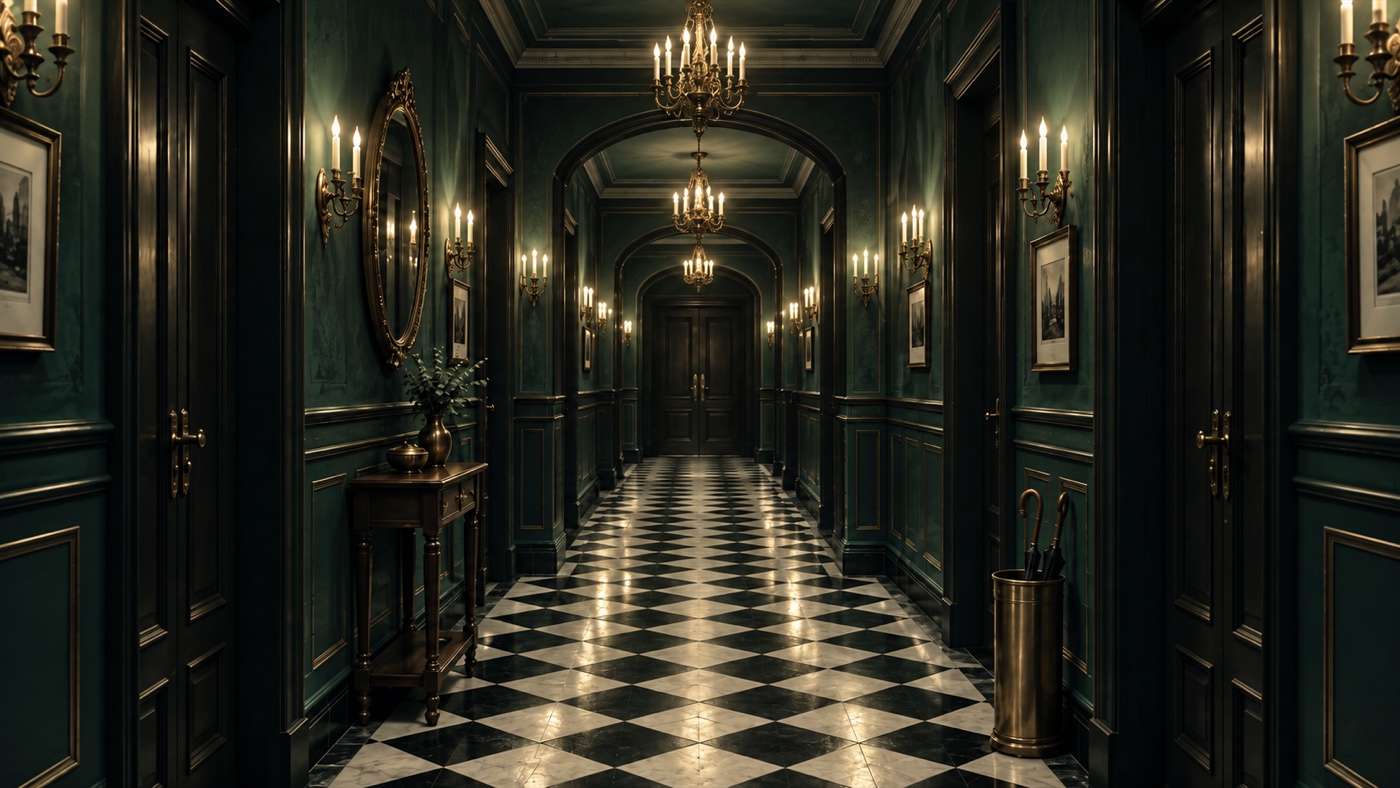 A long dark green corridor with arches, brass candle wall lights and chandeliers, a black and white checkerboard marble floor, an oval mirror and a small table on the left, and an umbrella stand on the right.