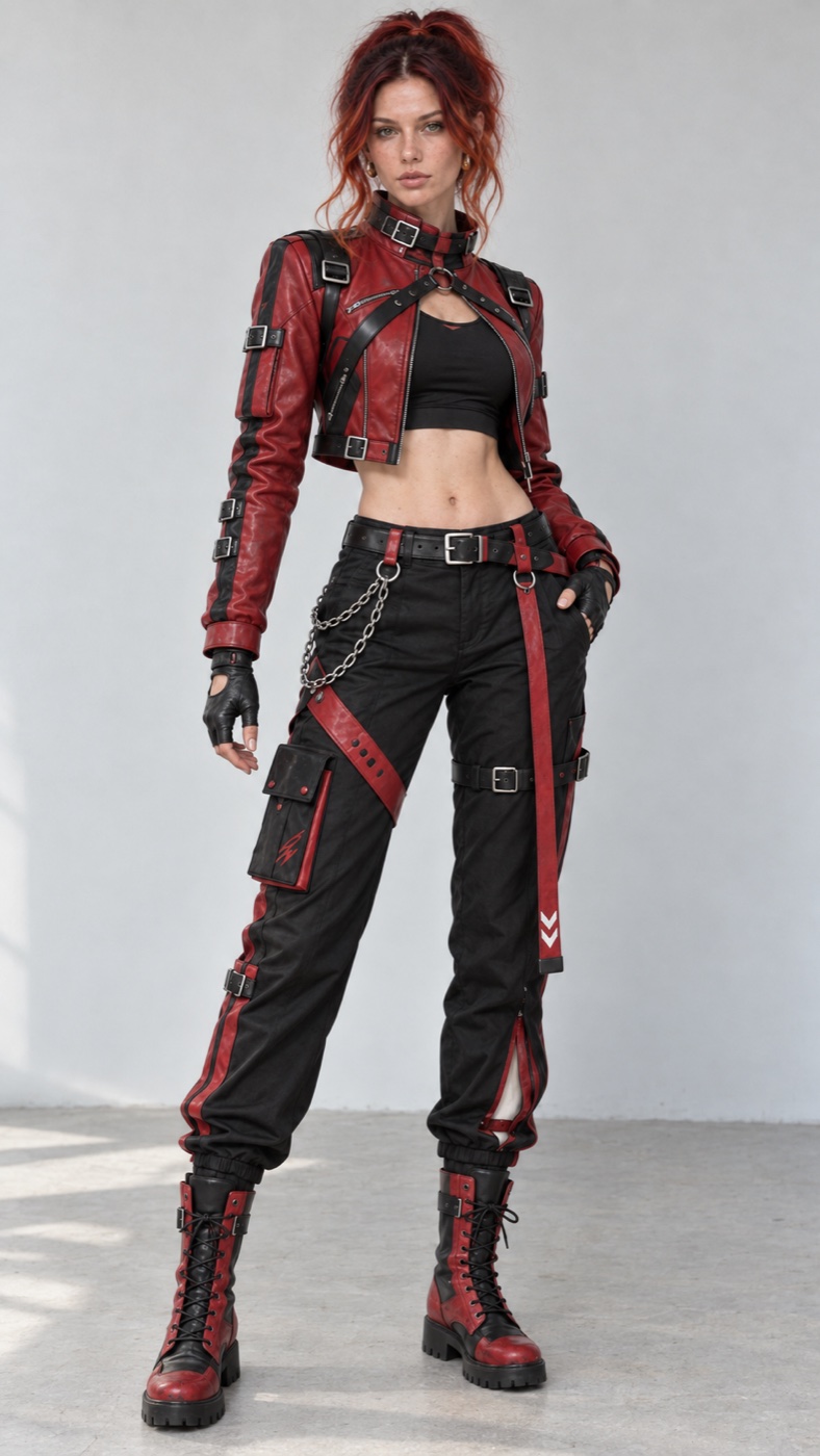 A woman with messy copper-red hair and freckles stands in a light grey studio. She wears a cropped red leather moto jacket with black harness straps and silver buckles, a black crop top, black cargo pants with red straps and a chain, and red and black lace-up combat boots.