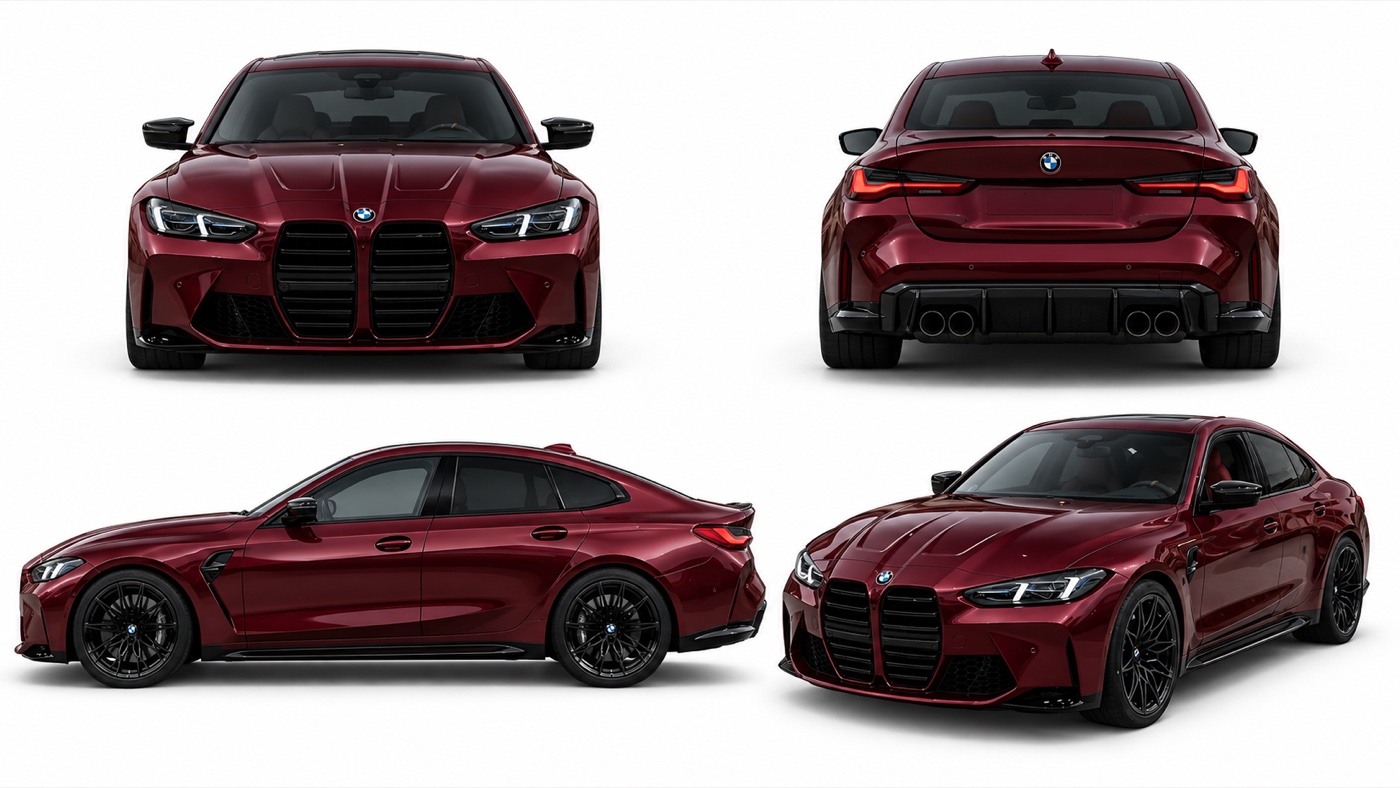 Four views of the same dark cherry red four door sport sedan on a white background: the front with a large black double grille, the rear with four exhaust tips, the side with black wheels, and a front three quarter view.