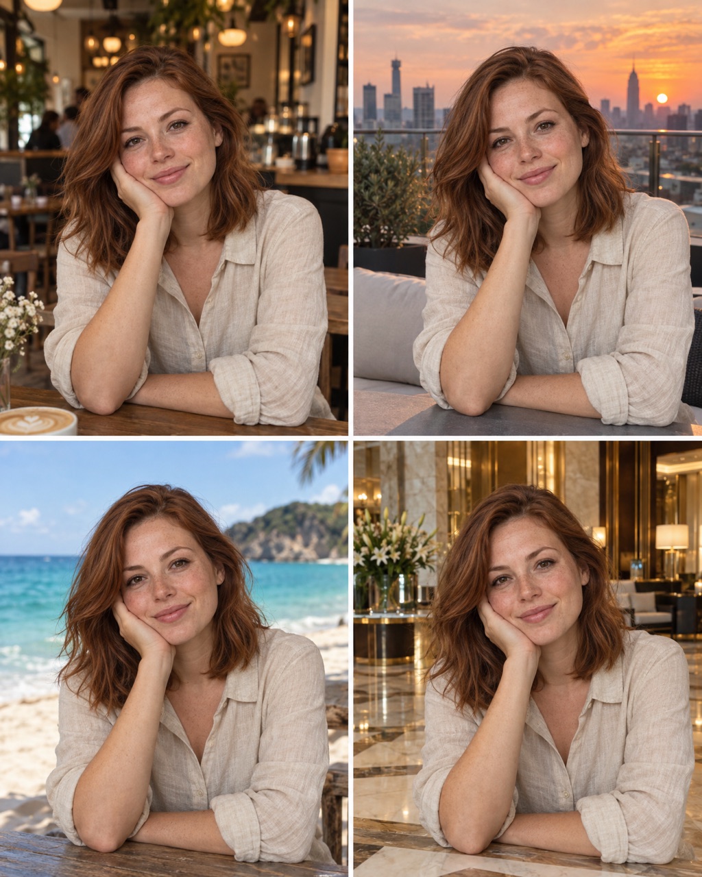The same woman in four places: a café, a rooftop at sunset, a beach and a hotel lobby