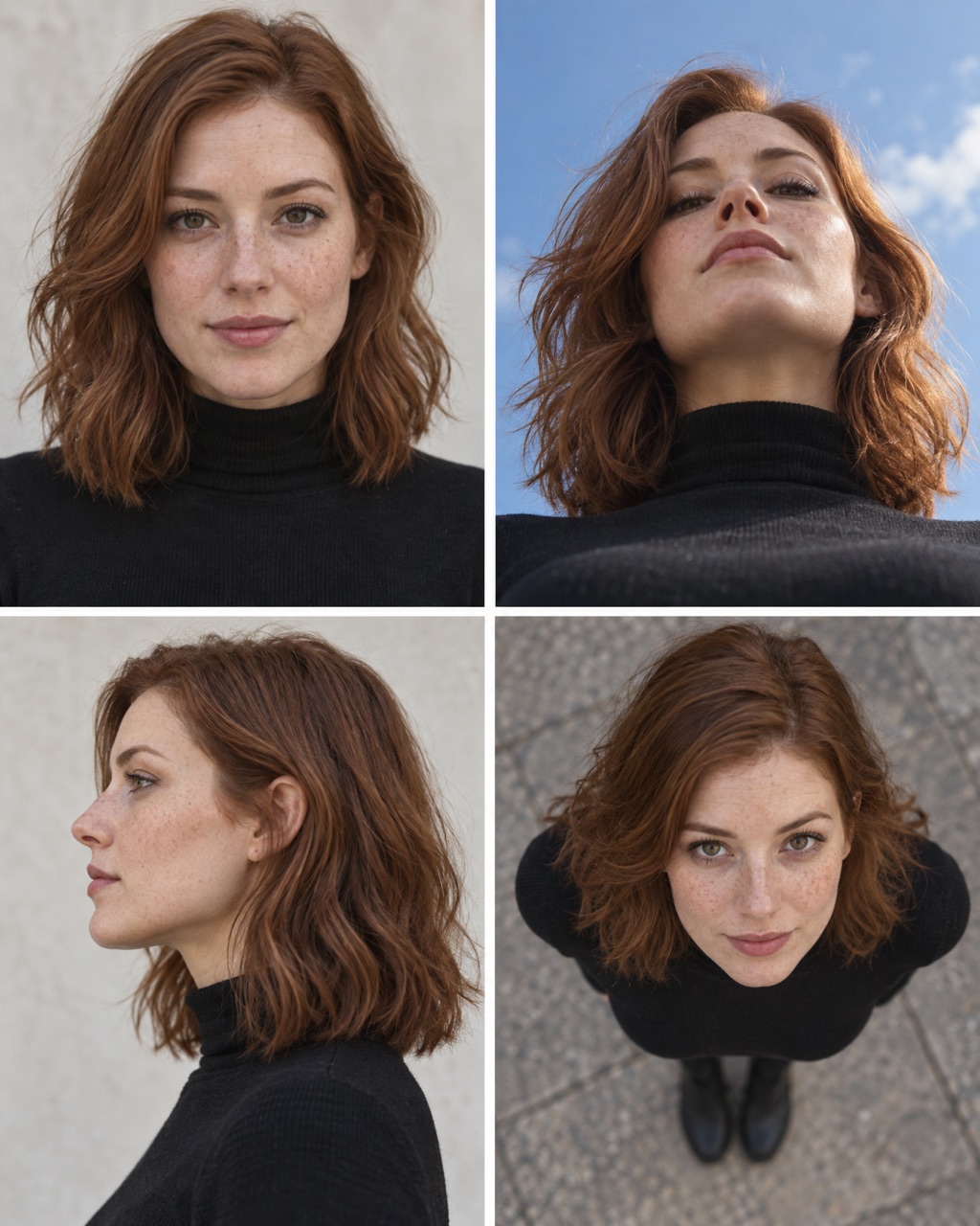 The same woman seen from four camera angles: front, low angle, side profile and from above