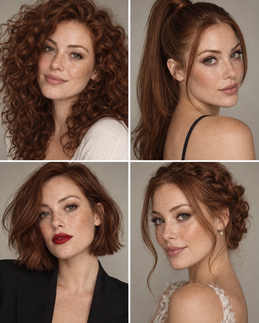 The same woman with four looks: curls, a high ponytail, a bob with red lips and a bridal updo