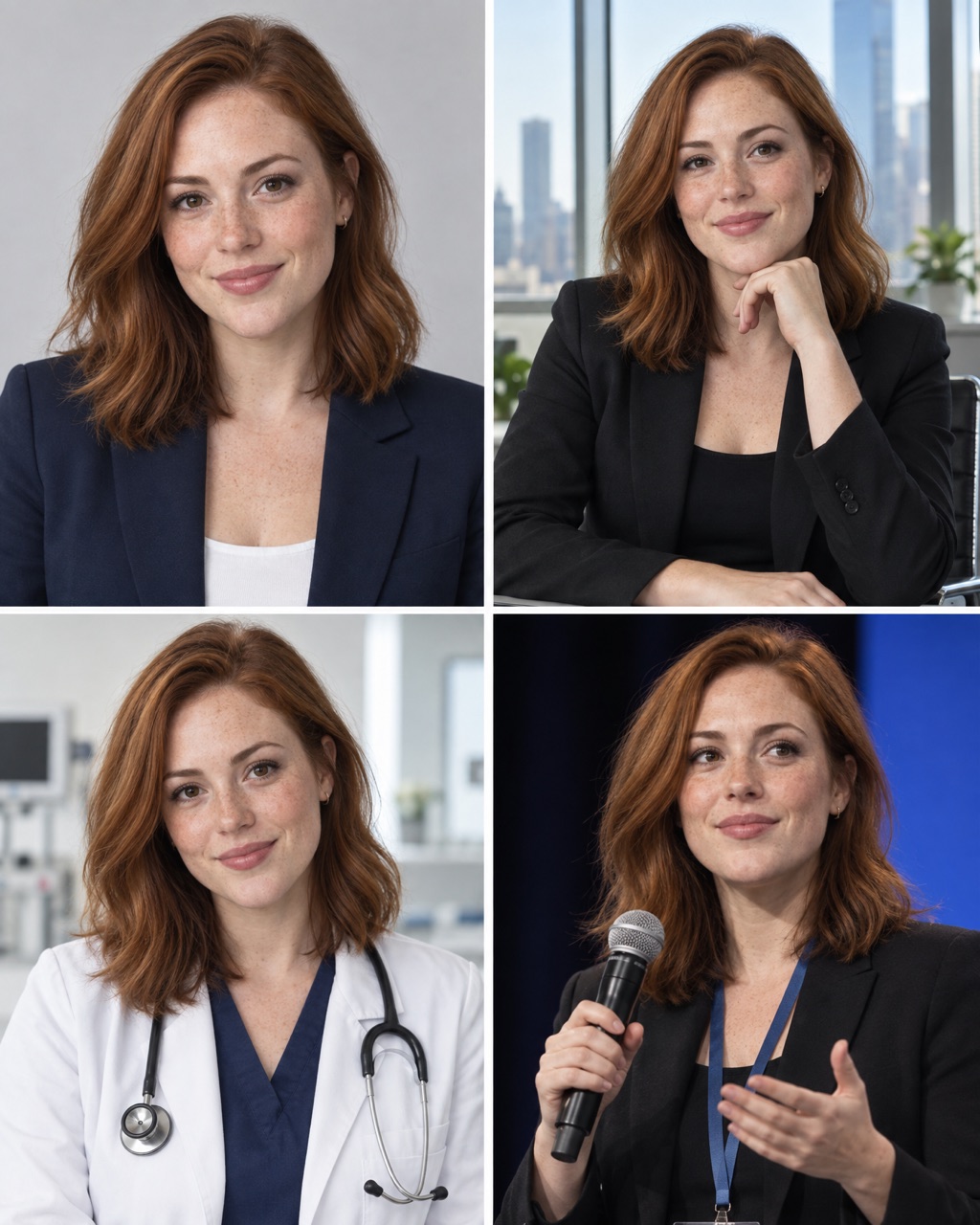 The same woman in four headshots: LinkedIn, CEO in an office, doctor and conference speaker