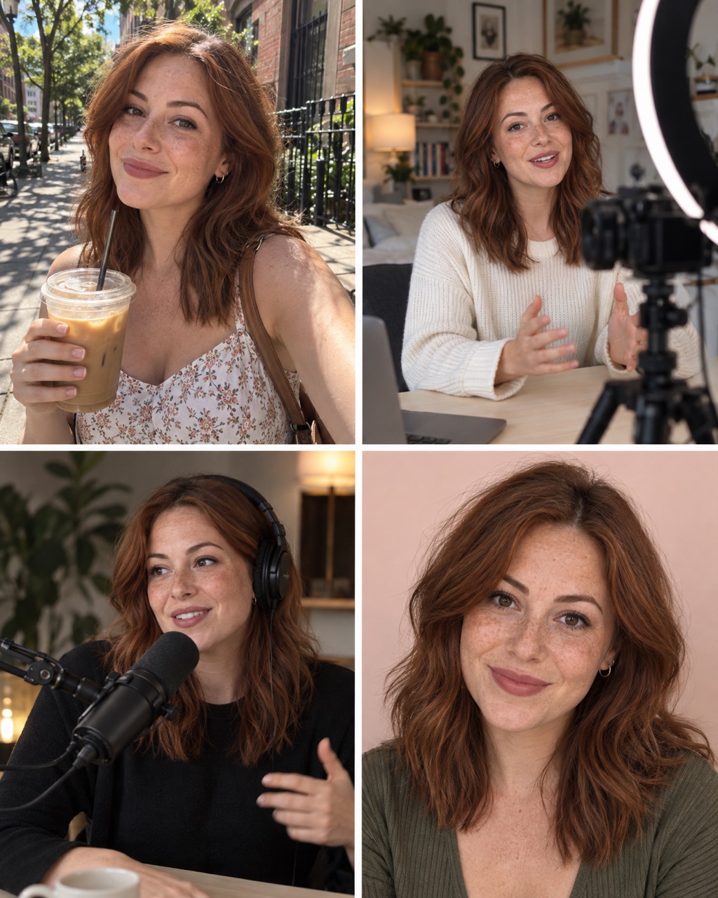 The same woman in four creator photos: iced coffee on the street, YouTube desk, podcast mic and a profile picture