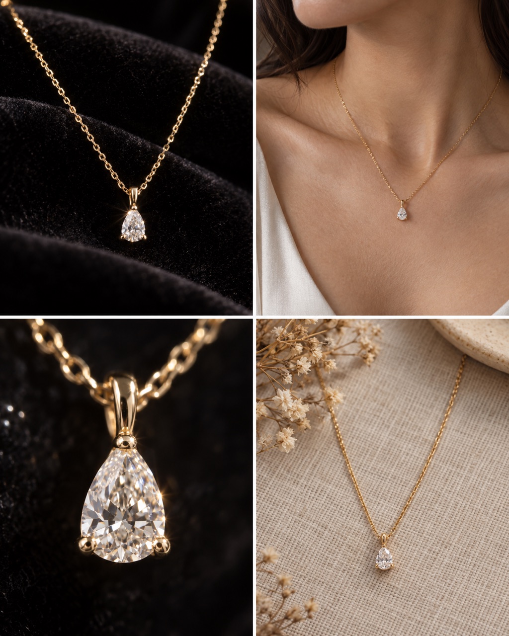 The same gold necklace in four photos: on black velvet, worn on a neck, macro of the diamond and a flat-lay