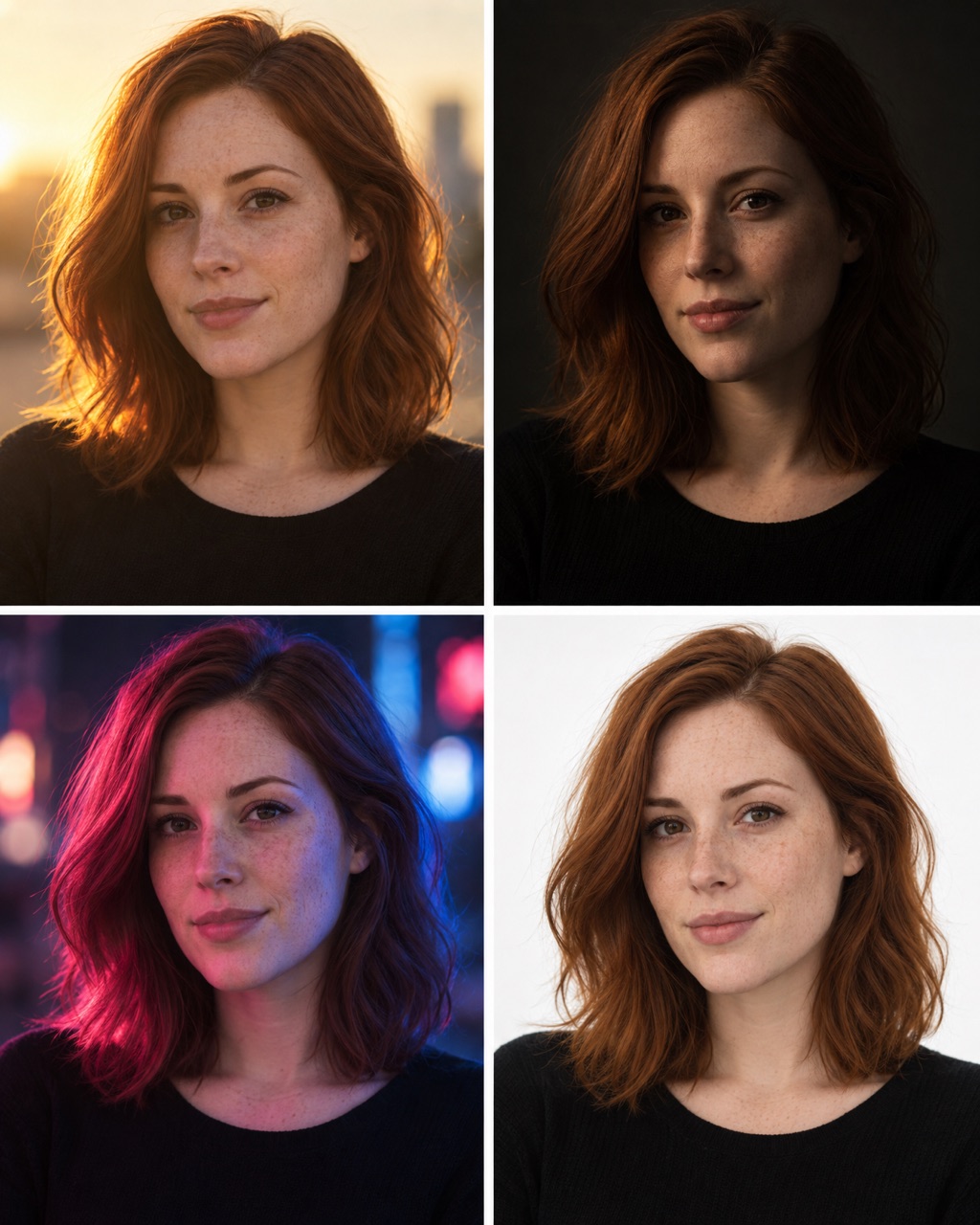The same woman under four lights: golden hour, Rembrandt, neon and bright high key