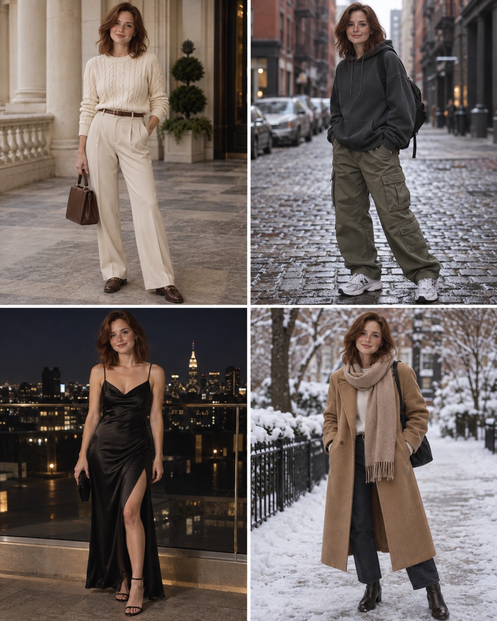 The same woman in four outfits: old-money knit, streetwear, black slip dress and a winter coat