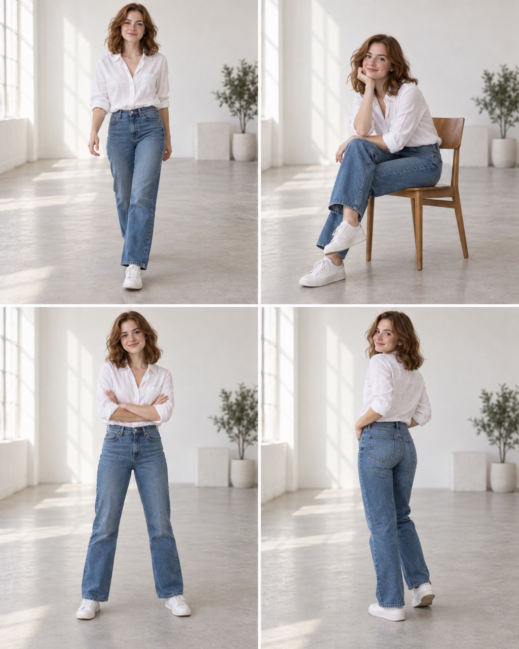 The same woman in four poses: walking, sitting on a chair, arms crossed and looking over her shoulder