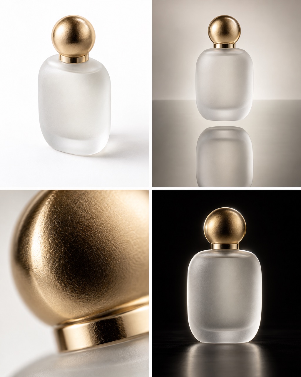 The same perfume bottle in four studio shots: 45-degree hero, mirror reflection, macro and rim light on black