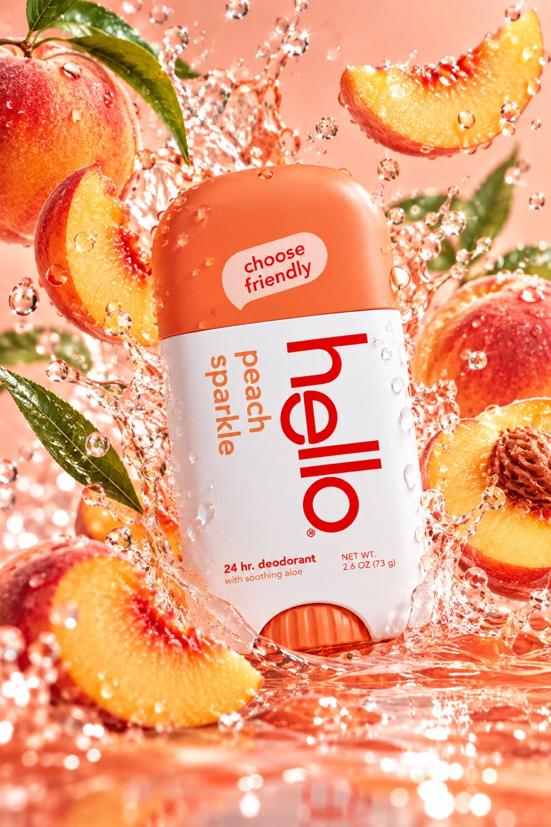 Made with /fruitsplashad: The product in the middle of a frozen splash of water and fruit slices.