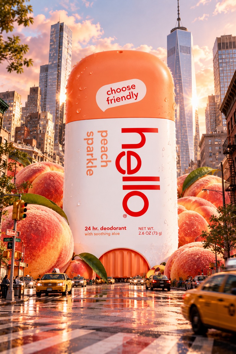 Made with /giantproductincity: Your product as a building-sized object in a busy street, with taxis and people below.