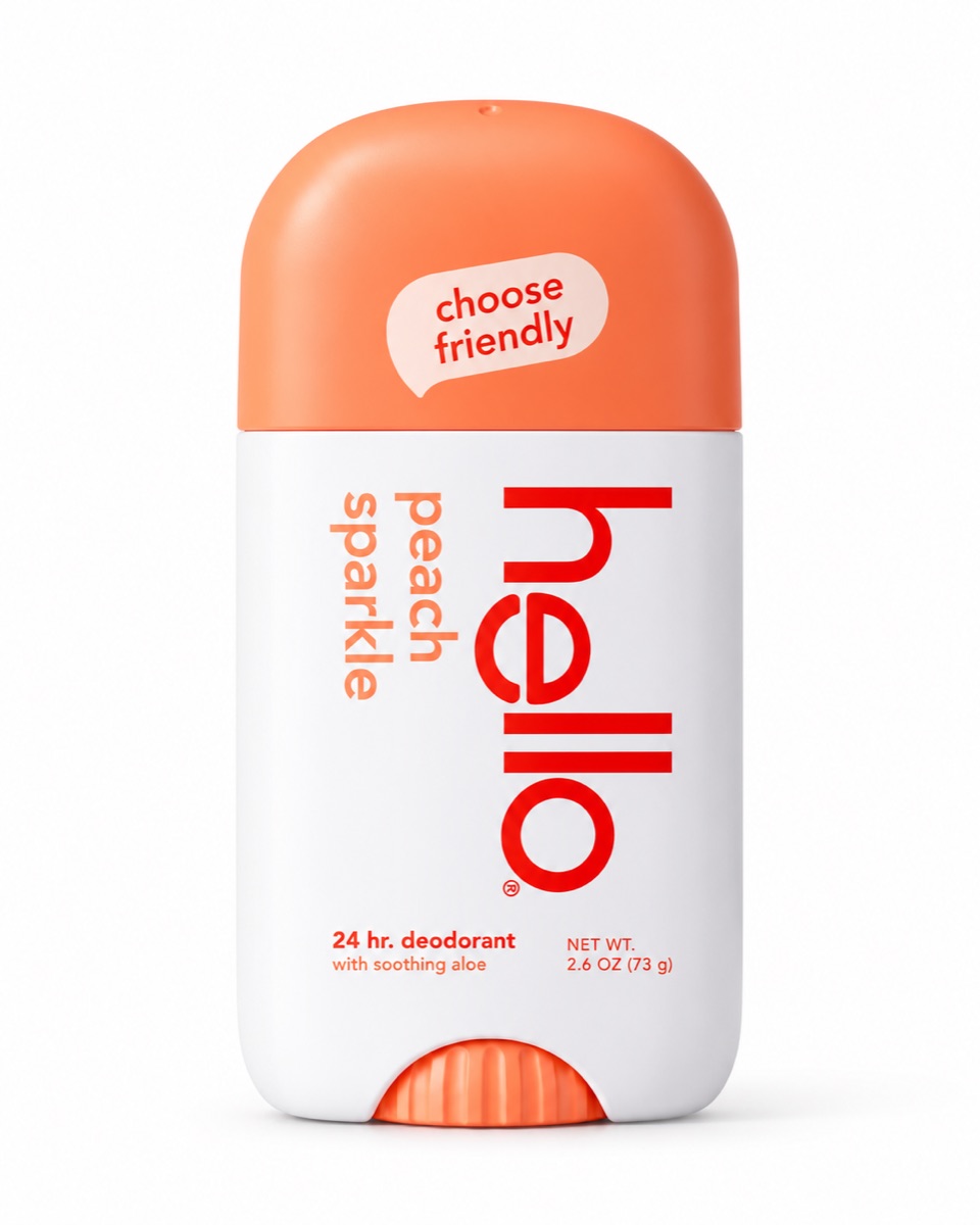The photo we uploaded: a hello peach sparkle deodorant stick on a white background
