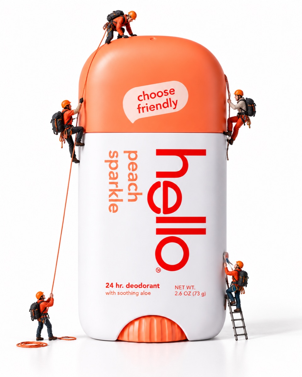 Made with /tinyclimbers: Miniature climbers with ropes and helmets climbing your product like a mountain.