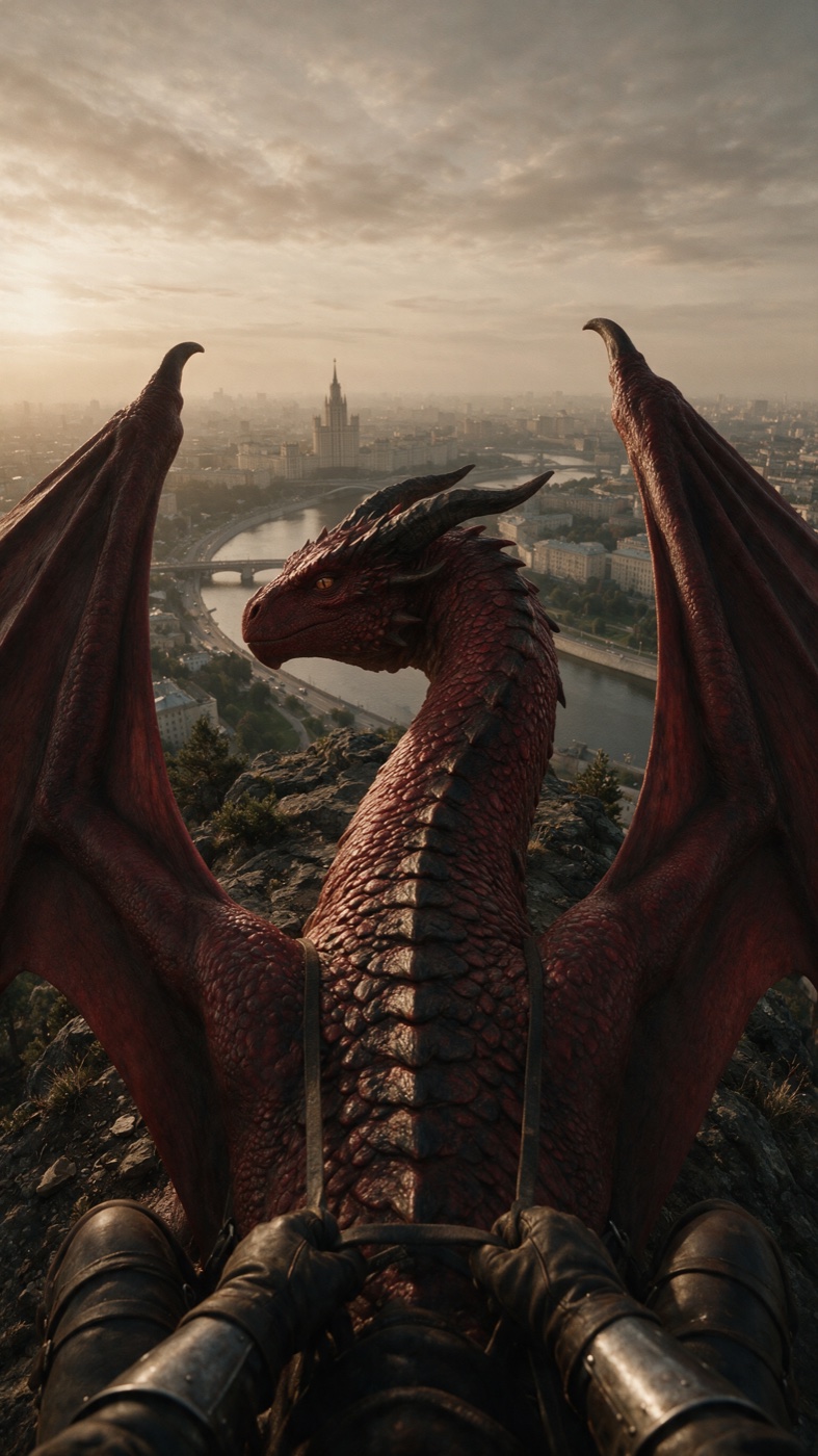 First-person view from the saddle of a large oxblood-red dragon on a rocky clifftop at dawn, its head turned back over its shoulder, a hazy river city far below, two gloved hands gripping harness straps in the foreground.