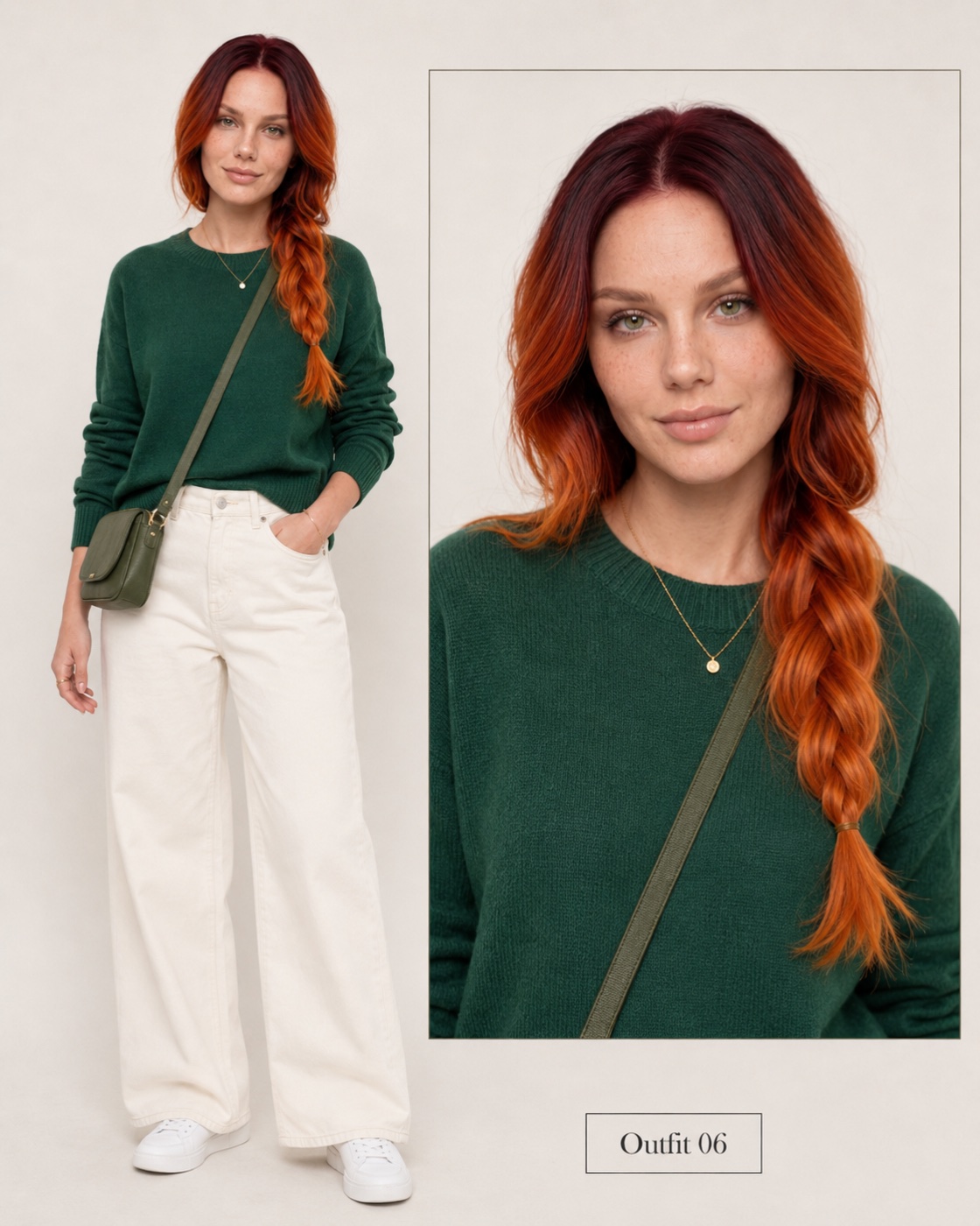 A woman with long red hair in a side braid, green eyes and freckles, wearing a dark green sweater and cream wide-leg jeans. A full-body shot on the left and a close-up of her face on the right, on a plain light background.