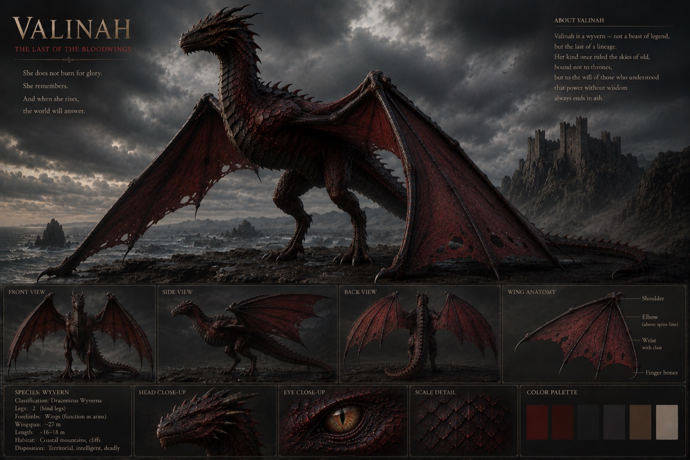 A dragon design sheet of a dark red wyvern with torn bat-like wings, black spines and a long tail, standing on a rocky shore by a castle under storm clouds. Smaller panels show it from the front, side and back, the wing bones, a head close-up, an amber eye and its scales.