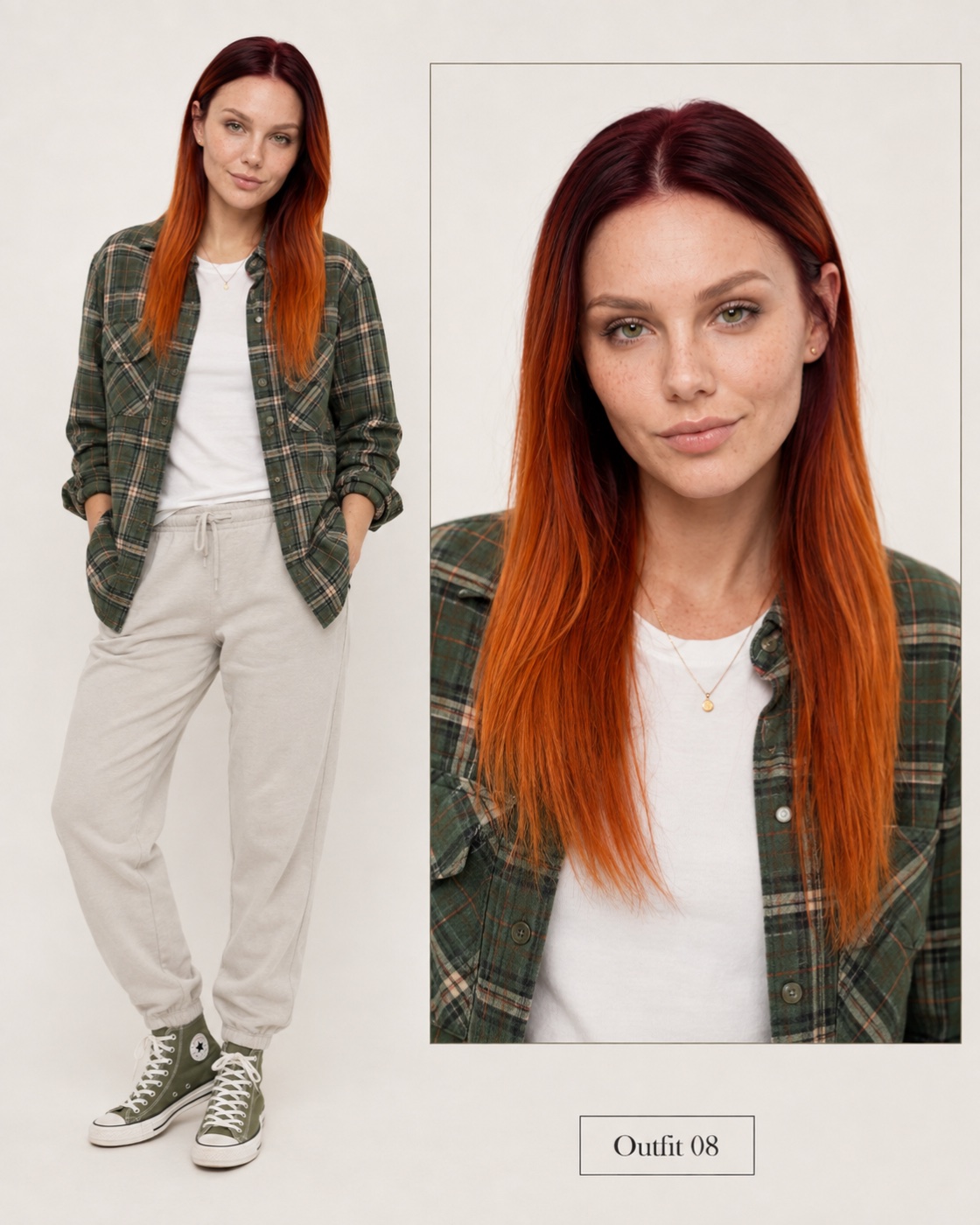 A woman with long straight hair going from dark burgundy roots to copper orange ends, green eyes and freckles, stands on an off-white background in an open green plaid flannel shirt, a white t-shirt, light grey sweatpants and olive high-top sneakers. On the right is a framed close-up of her face.