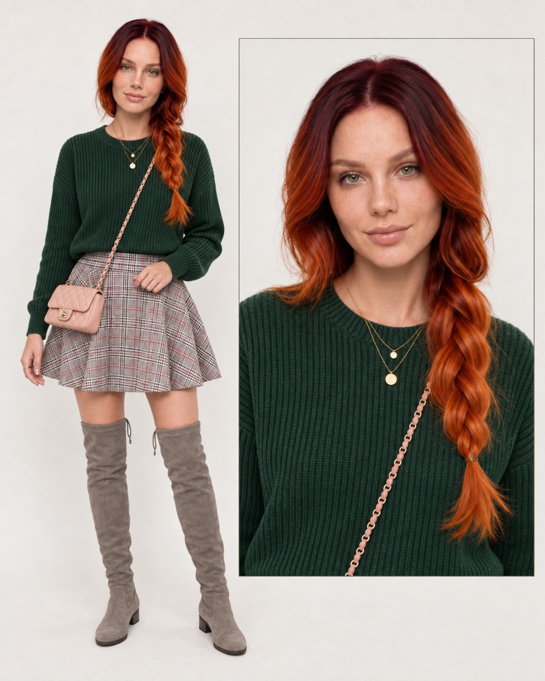 The same woman on the same off-white background, now in a dark green ribbed knit sweater, a grey plaid flared mini skirt, taupe suede over-the-knee boots and a pale pink quilted crossbody bag on a gold chain. Her hair is in a loose side braid, and the close-up on the right shows layered gold necklaces.