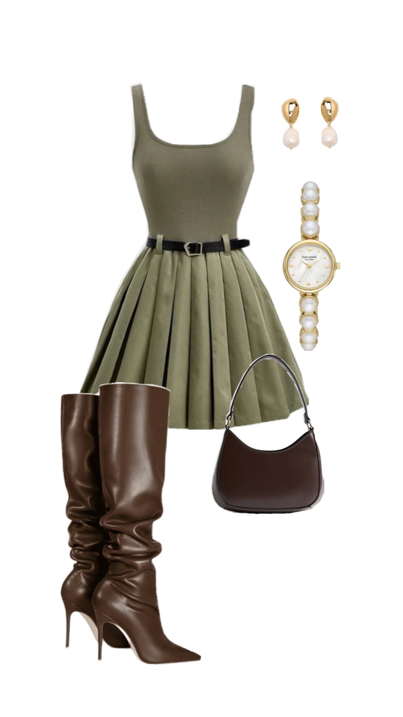 A flat lay collage of an olive green sleeveless mini dress with a pleated skirt and a thin black belt, tall brown high heel boots, a dark brown shoulder bag, gold and pearl drop earrings and a pearl bracelet watch on a white background.