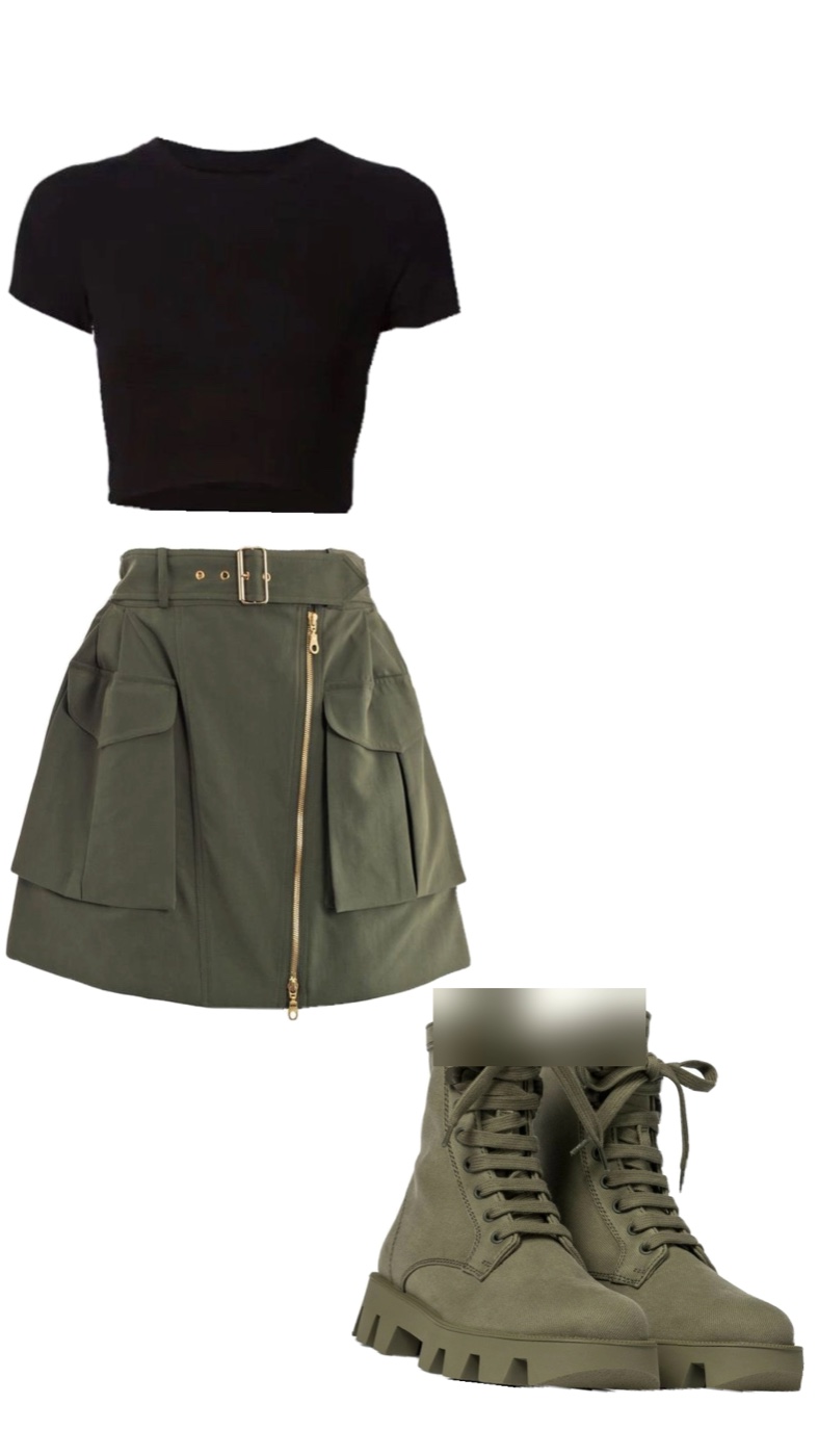 A flat lay collage of a fitted black short sleeve crop top, an olive mini skirt with a front zip and large flap pockets, and olive lace up combat boots with chunky soles on a white background.